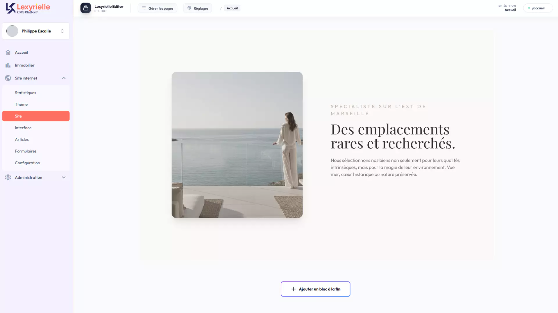 Interface Lexyrielle CMS - Dashboard moderne et performant